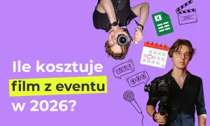 Strona dla fotografa: młody mężczyzna z kamerą, ikony kalendarza, mikrofonu, arkusza kalkulacyjnego i klapsa filmowego.