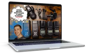 Na ekranie laptopa kurs online: Cztery metody jak ustawić lampę błyskową w aparacie. Widoczne lampy Quadralite, akcesoria i aparat.