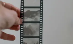 Dłoń trzyma kadr z taśmy filmowej, ukazujący mgliste góry i lasy.