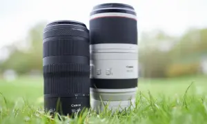 Dwa obiektywy Canon 100-400, jeden czarny, drugi biały, stoją w trawie.