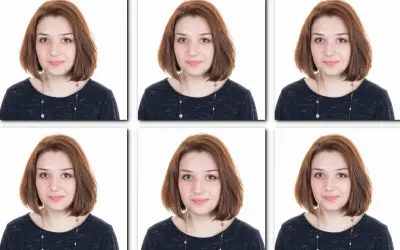 Sześć identycznych zdjęć młodej kobiety z brązowymi włosami, uśmiechniętej, z naszyjnikiem. Tak powinno wyglądać zdjęcie do dowodu.