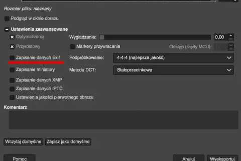 Zaznacz "Zapisanie danych Exif", by sprawdzić, kiedy było robione zdjęcie.