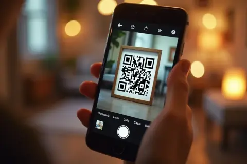 Jak zeskanować kod QR ze zdjęcia iPhone? Telefon z aparatem skierowanym na ramkę z kodem QR.