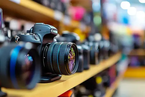 Rząd aparatów na półce, od lewej: lustrzanka czy bezlusterkowiec? Wybór dla fotografa.
