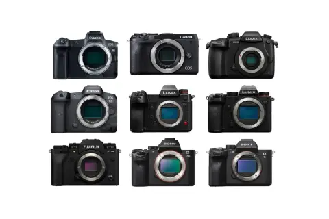 Różne rodzaje aparatów fotograficznych: Canon EOS R, R5, Lumix GH5, S1, S5, Fujifilm X-T4, Sony Alpha 7 III, 7S III.