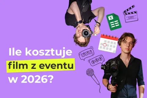 Strona dla fotografa: młody mężczyzna z kamerą, ikony kalendarza, mikrofonu, arkusza kalkulacyjnego i klapsa filmowego.