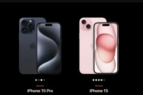 Dwa modele iPhone'ów: ciemnoszary iPhone 15 Pro i różowy iPhone 15.