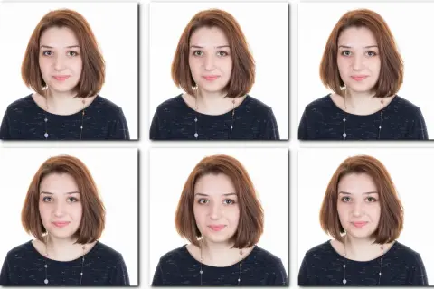 Sześć identycznych zdjęć młodej kobiety z brązowymi włosami, uśmiechniętej, z naszyjnikiem. Tak powinno wyglądać zdjęcie do dowodu.