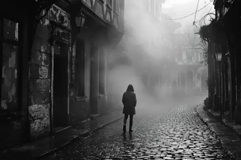 fotografia czarno biała. Postać w kapturze idzie brukowaną uliczką we mgle.