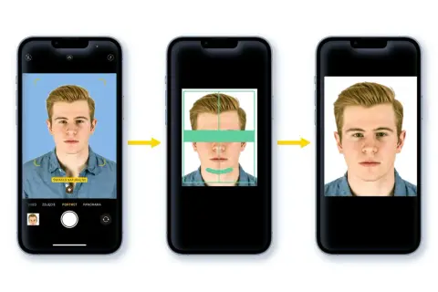 Jak zrobic zdjecie do dowodu iPhonem? Trzy ekrany pokazują proces: zdjęcie z niebieskim tłem, kadrowanie twarzy i gotowe zdjęcie.