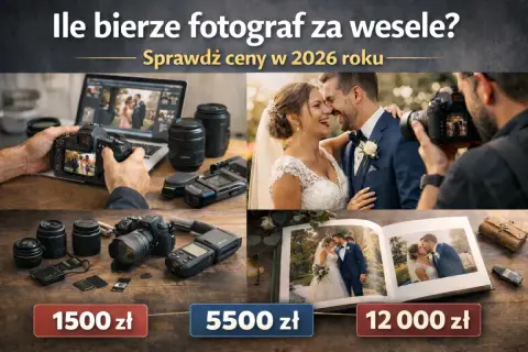 Ile kosztuje fotograf na wesele? Sprawdź ceny w 2026 roku: od 1500 zł do 12 000 zł. Zdjęcia pary młodej, sprzęt fotografa i album.