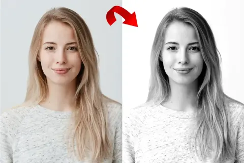 Dwie zdjęcia na białym tle: blondynka w kolorze i czarno-białe. Czerwona strzałka pokazuje przejście.