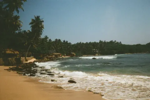 Piękne zdjęcia z analoga: piaszczysta plaża, palmy, kamienie i fale oceanu. Tropikalny raj.