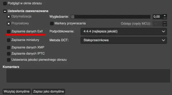 Zaznacz "Zapisanie danych Exif", by sprawdzić, kiedy było robione zdjęcie.