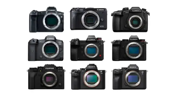 Różne rodzaje aparatów fotograficznych: Canon EOS R, R5, Lumix GH5, S1, S5, Fujifilm X-T4, Sony Alpha 7 III, 7S III.