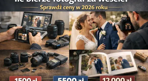 Ile kosztuje fotograf na wesele? Sprawdź ceny w 2026 roku: od 1500 zł do 12 000 zł. Zdjęcia pary młodej, sprzęt fotografa i album.