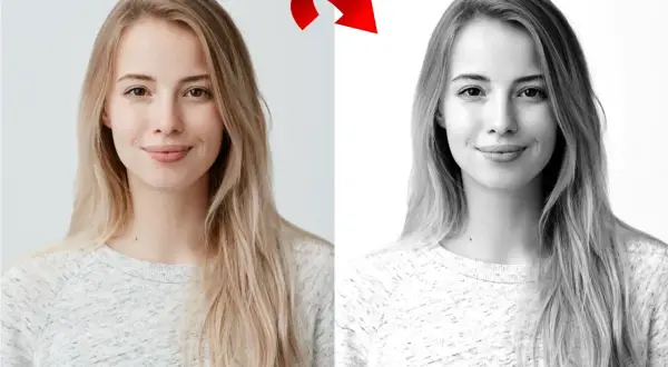 Dwie zdjęcia na białym tle: blondynka w kolorze i czarno-białe. Czerwona strzałka pokazuje przejście.