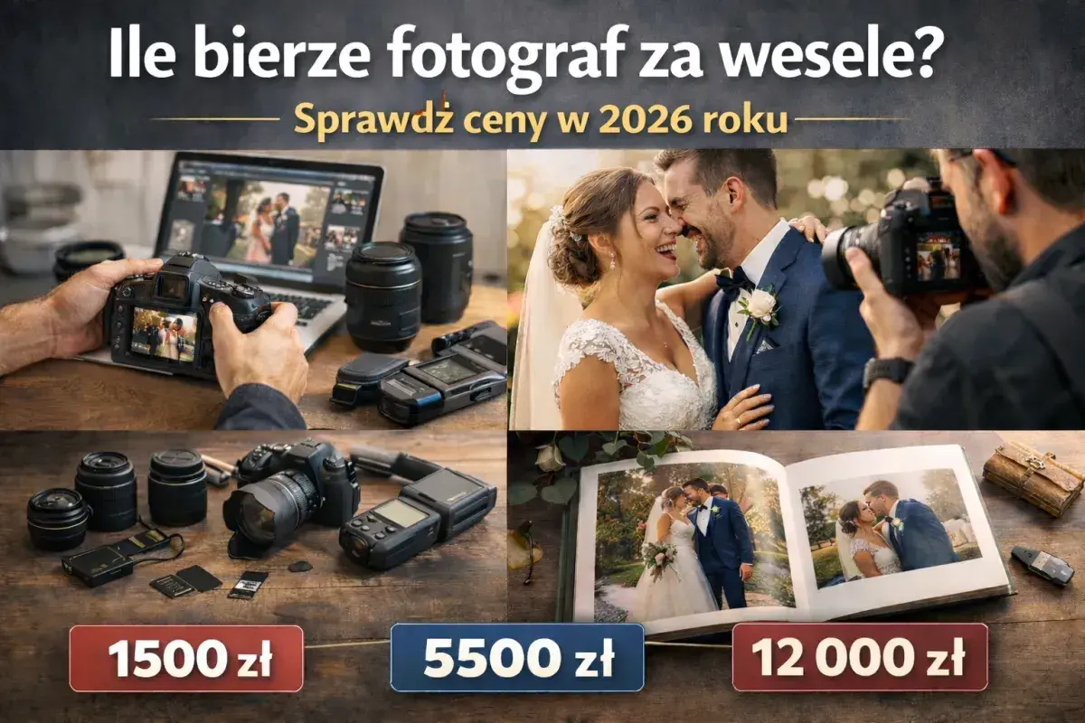 Ile kosztuje fotograf na wesele? Sprawdź ceny w 2026 roku: od 1500 zł do 12 000 zł. Zdjęcia pary młodej, sprzęt fotografa i album.