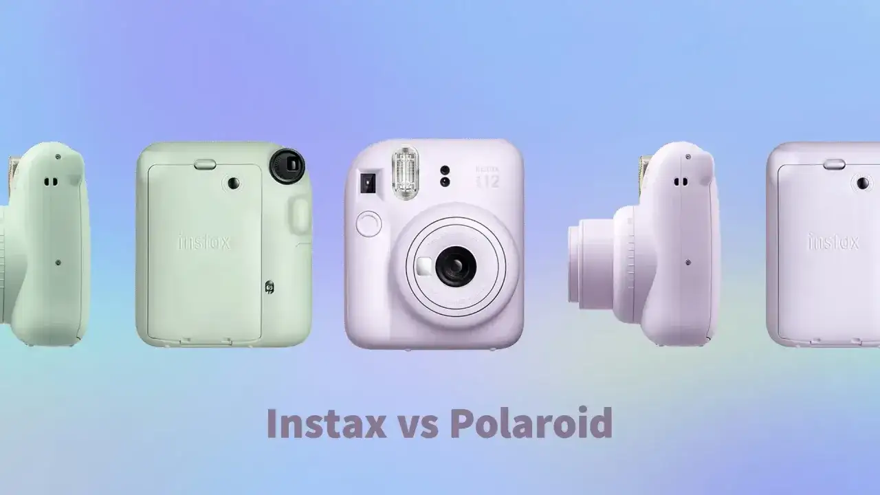 Różne modele aparatu natychmiastowego Instax w pastelowych kolorach, obok siebie.