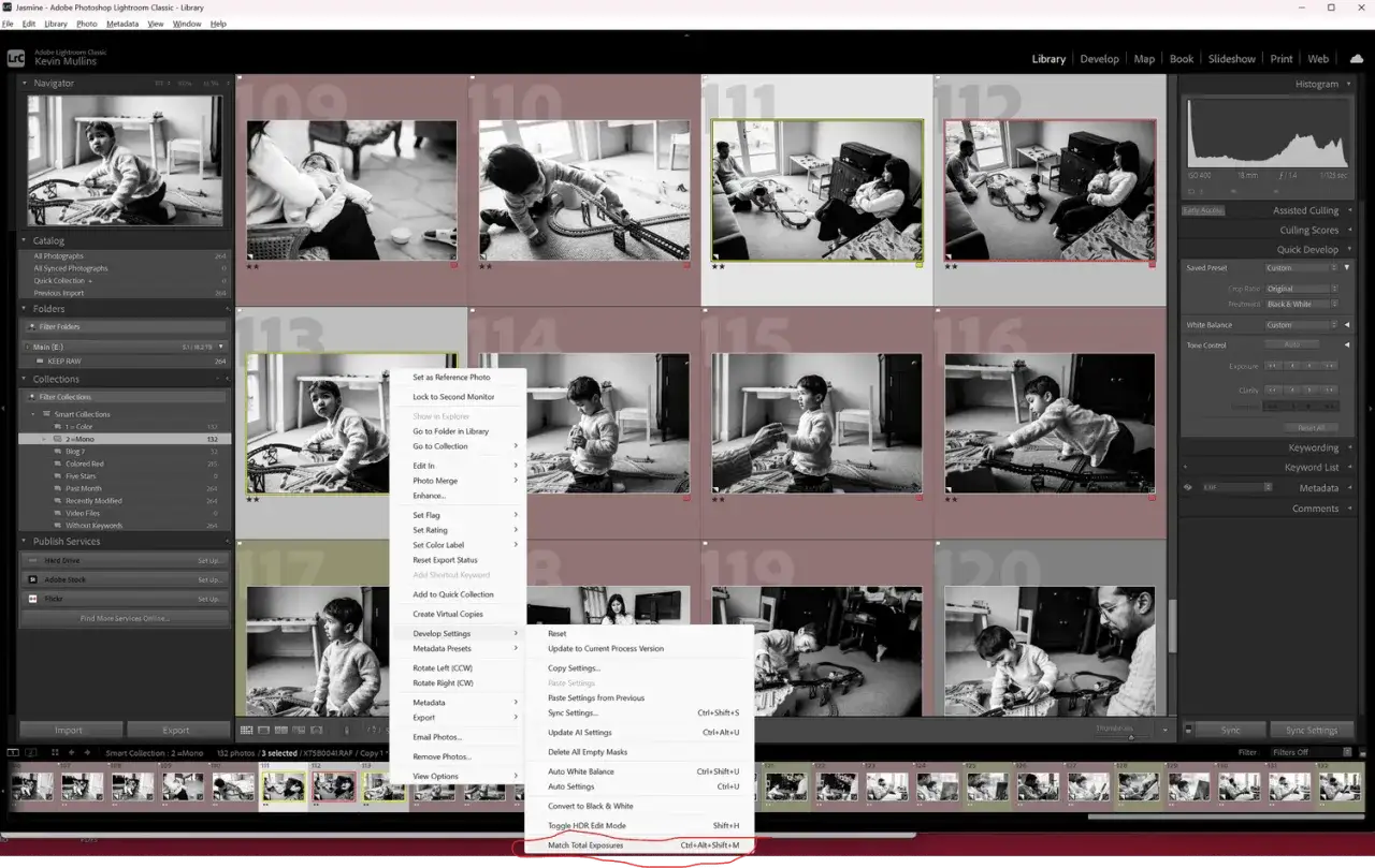 Program do katalogowania zdjęć Adobe Lightroom Classic. Widok siatki z czarno-białymi fotografiami dzieci i rodziny. Menu kontekstowe z opcją
