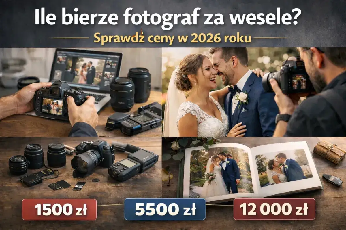 Ile kosztuje fotograf na wesele? Sprawdź ceny w 2026 roku: od 1500 zł do 12 000 zł. Zdjęcia pary młodej, sprzęt fotografa i album.