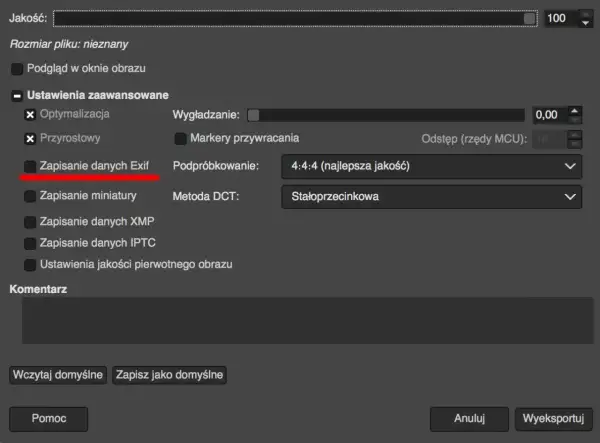 Zaznacz "Zapisanie danych Exif", by sprawdzić, kiedy było robione zdjęcie.