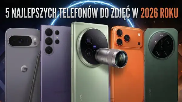 Pięć smartfonów, które mogą odpowiedzieć na pytanie: który telefon ma najlepszy aparat w 2026 roku. Widoczne modele Google, Samsung, Vivo, Apple i Xiaomi.