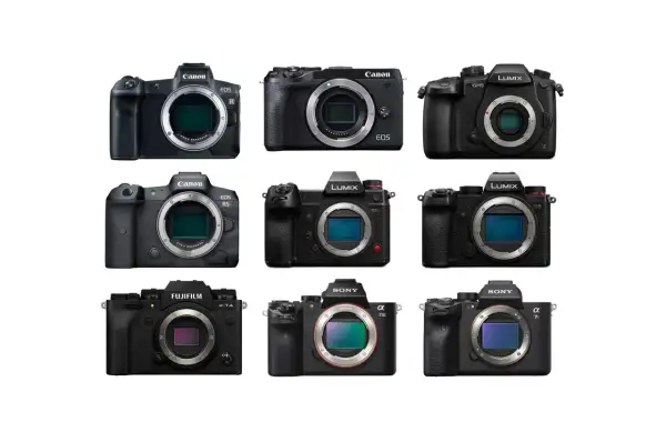 Różne rodzaje aparatów fotograficznych: Canon EOS R, R5, Lumix GH5, S1, S5, Fujifilm X-T4, Sony Alpha 7 III, 7S III.
