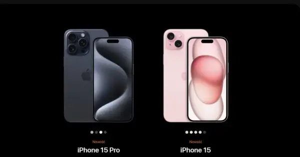 Dwa modele iPhone'ów: ciemnoszary iPhone 15 Pro i różowy iPhone 15.
